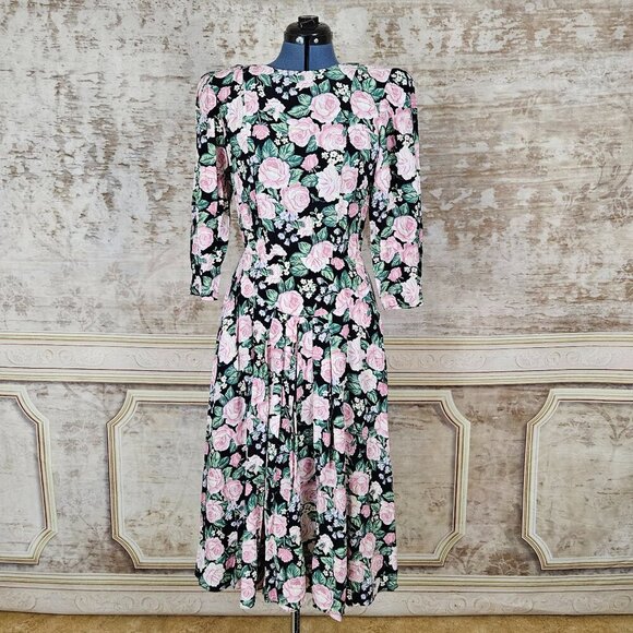 Vintage Dresses & Skirts - Vintage 1980s Drop Waist Floral Dress S Cottagecore RomCom Pink Rose Vtg 80s